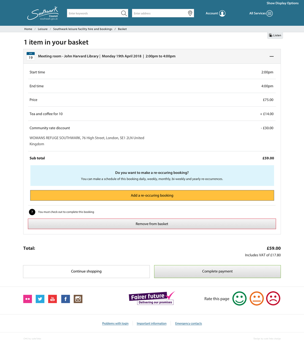 Does your shopping basket let you apply re-occurring bookings? Time management is where the Web labs Leisure Bookings reaches beyond other applications out there. Let your users configure a pattern of bookings that other systems simple can't provide!